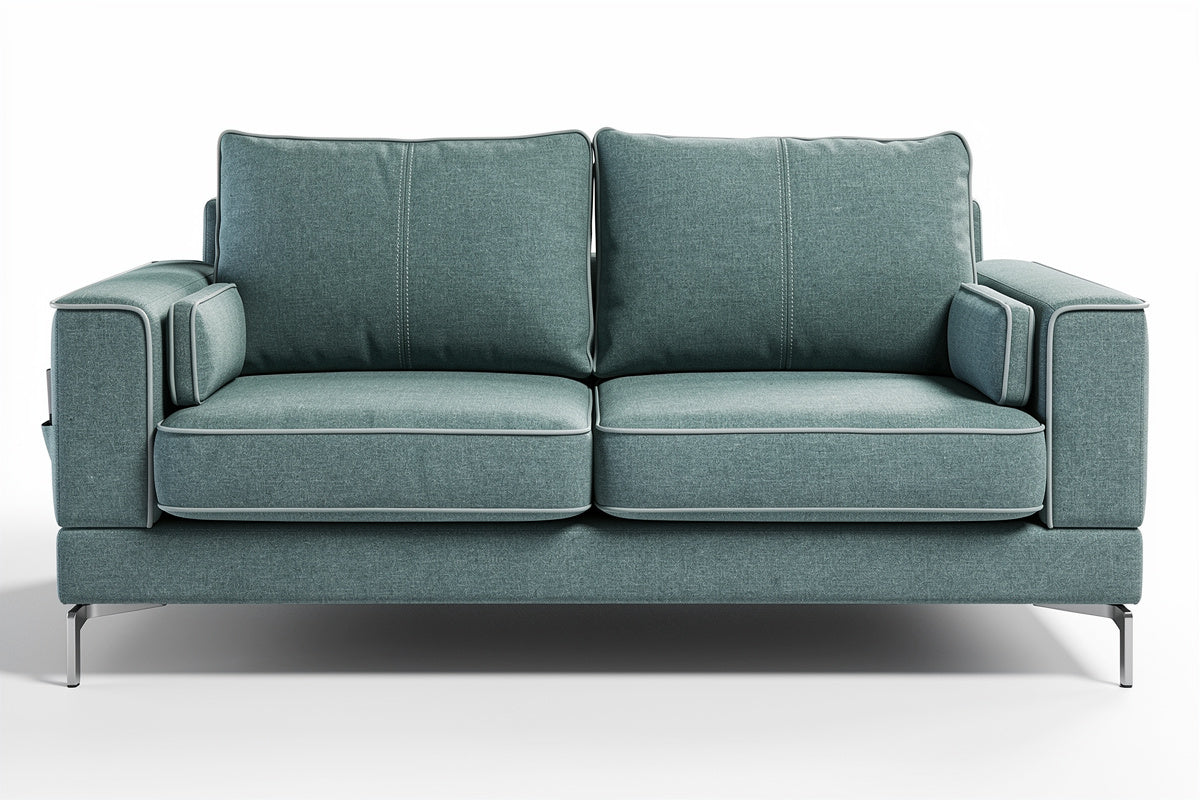 Sofa dwuosobowa w kolorze niebiesko-zielonym z elementami metalowymi i poduszkami.